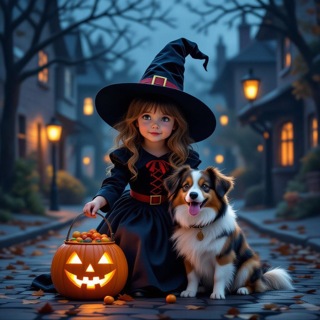 Witch Girl and Dog Trick-or-Treating on Halloween Street