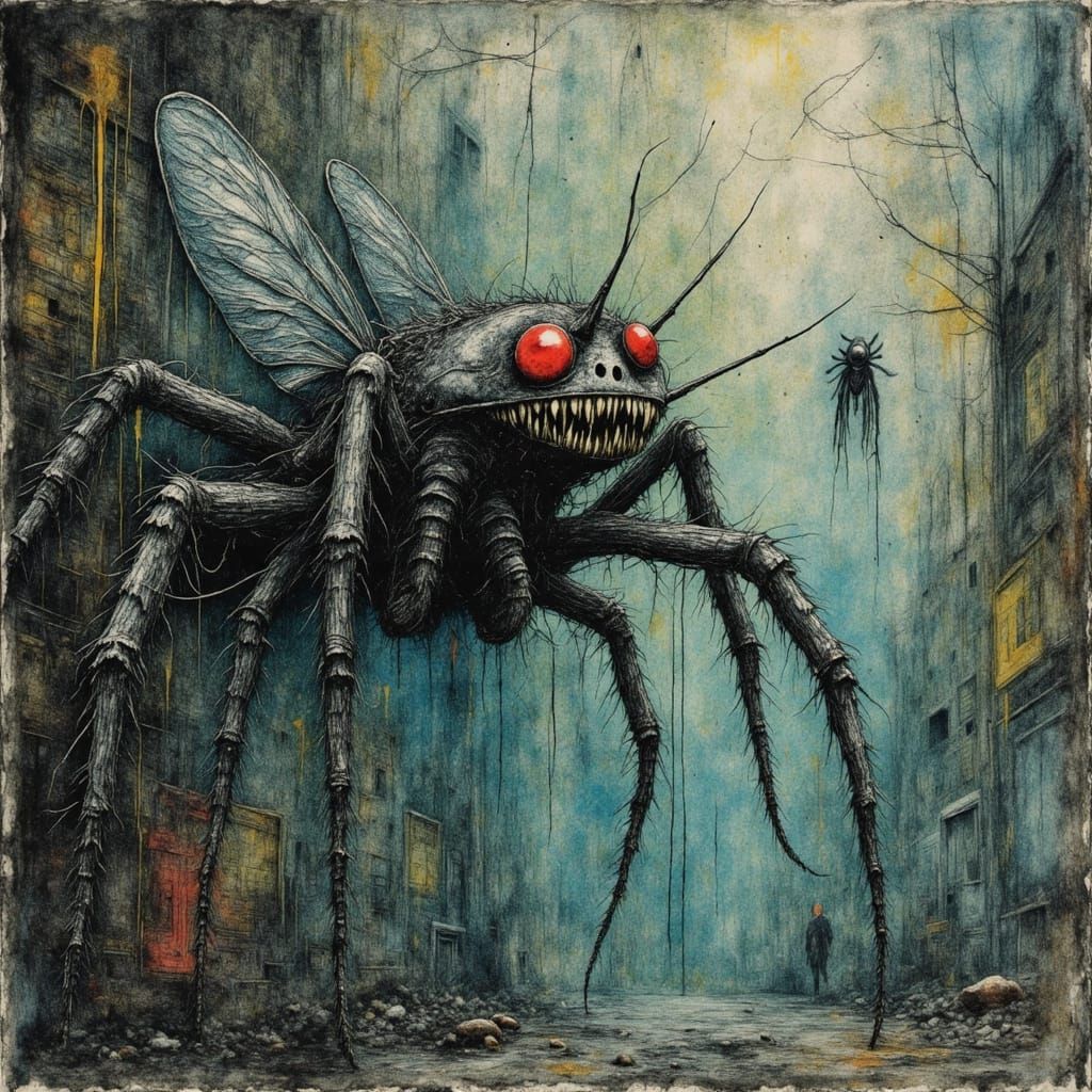 Terrified Fly on Web with Black Widow in Post-Apocalyptic Ci...