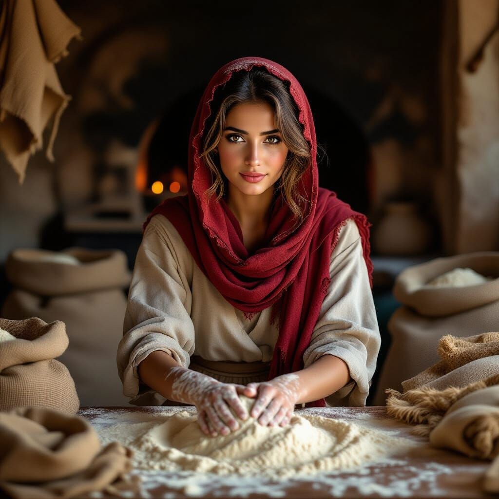 Muslim Woman Kneading Dough in Bakery, Hyperreal Detail