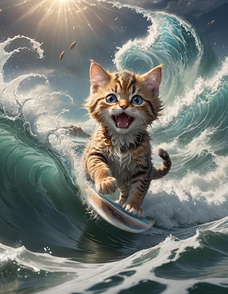 Epic Kitten Surfs a Tidal Wave