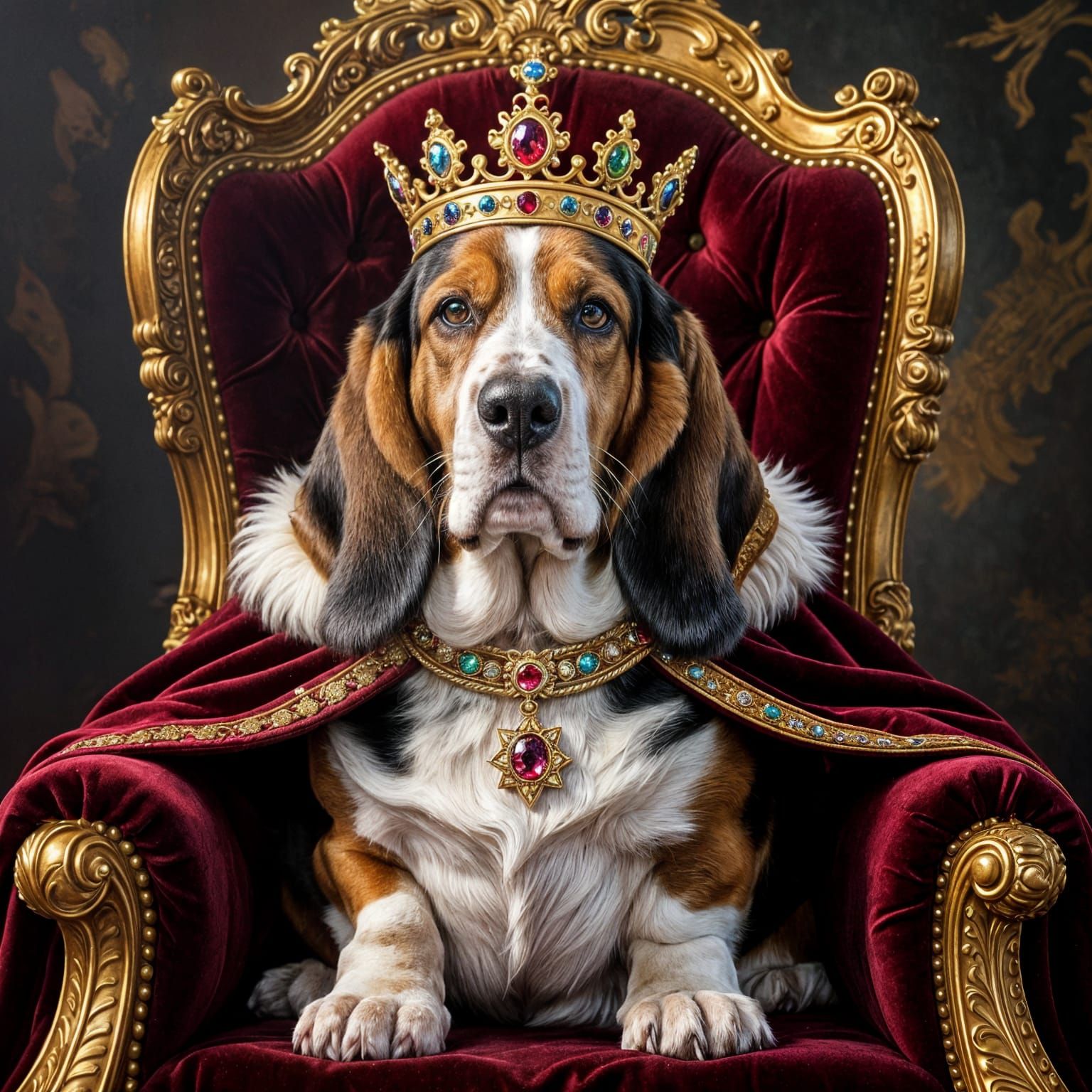 Regal Basset Hound on Golden Throne in Oil Painting Style