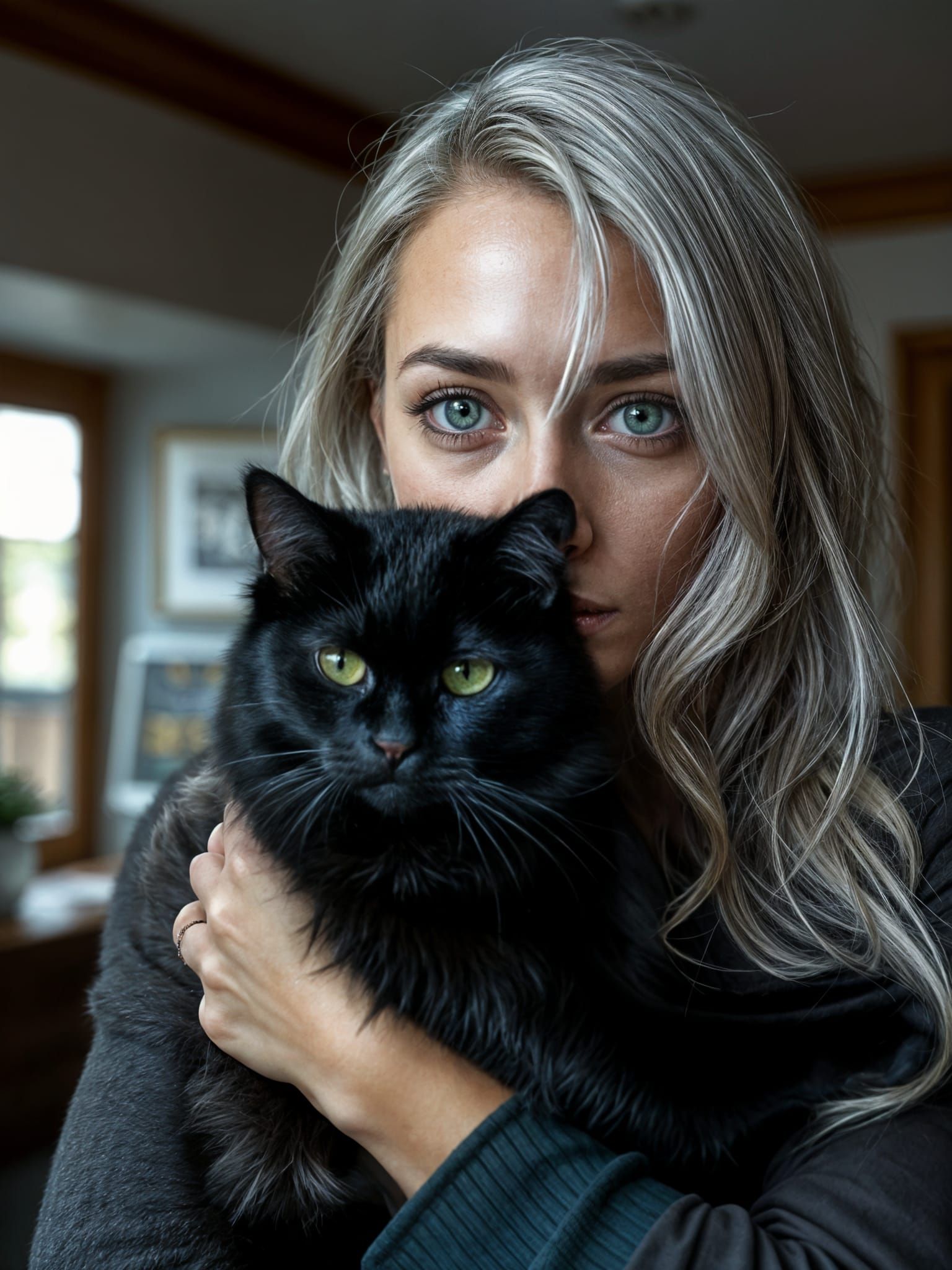 Silver-Haired Woman with Cat: Photorealistic Portrait