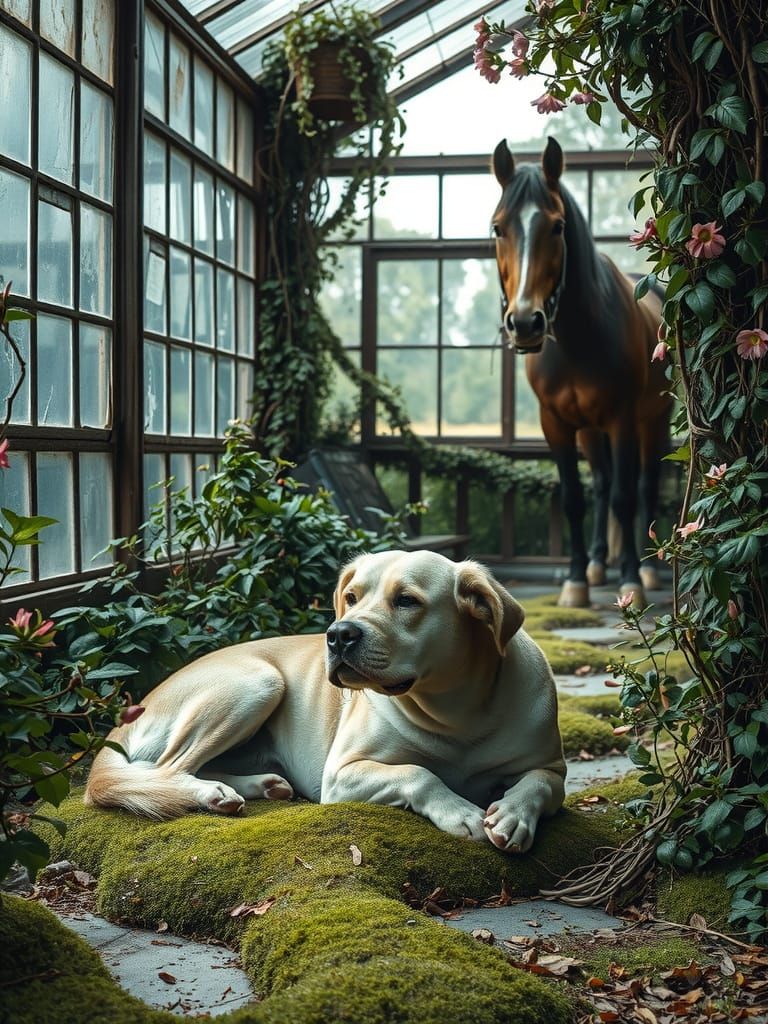 Dog Resting in Overgrown Greenhouse: Painterly Realism