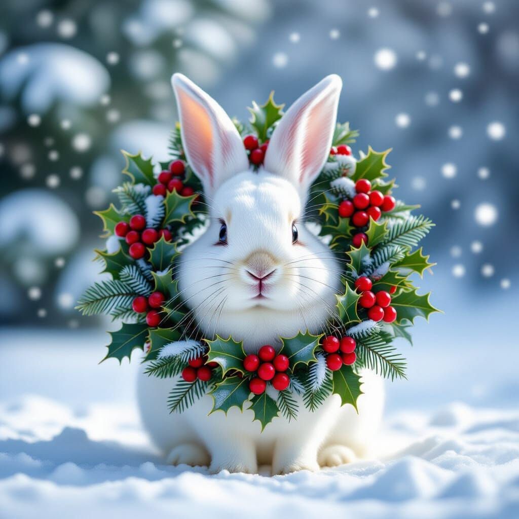 White Rabbit With Holly Wreath In Winter Wonderland