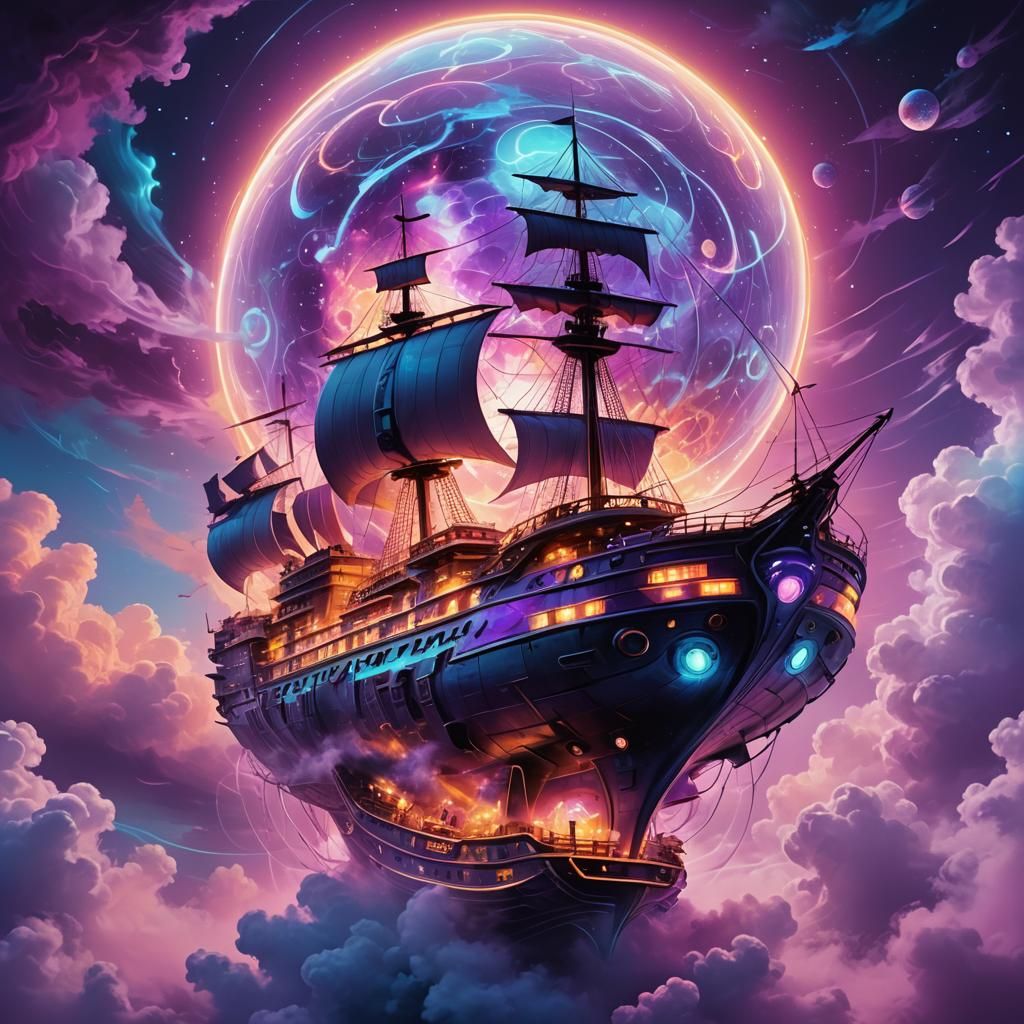 Glowing Orb Ship Sails Through Abstract Nebula