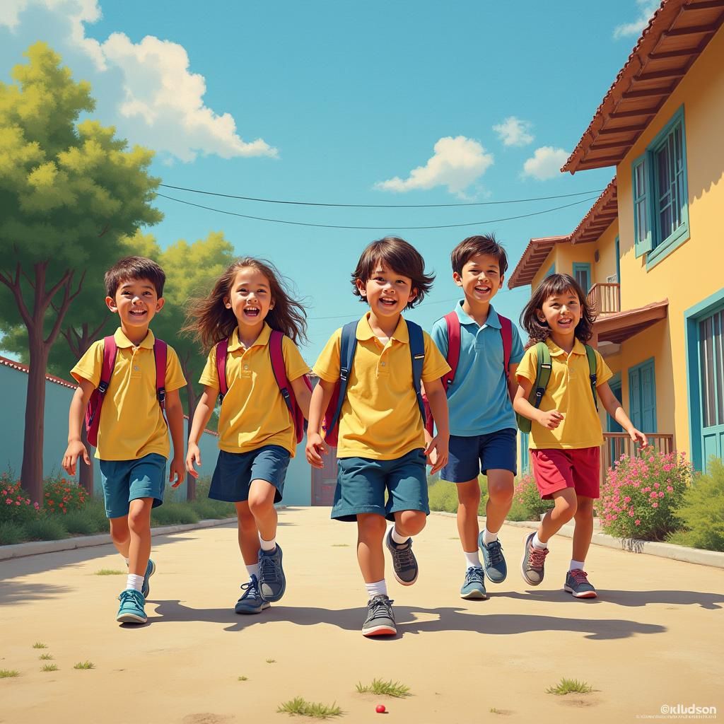 Children Playing: A Colorful and Surreal Schoolyard Scene