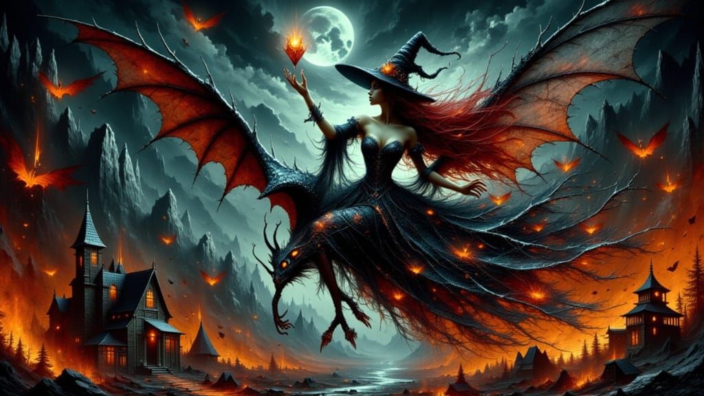 Dark Sorceress Unleashes Fiery Spell on Village