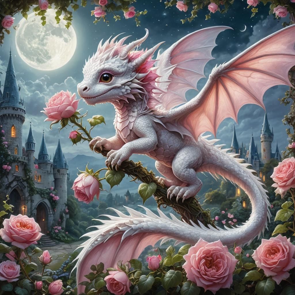 Sweet Baby Dragon in Rose Garden, Realistic Oil Painting