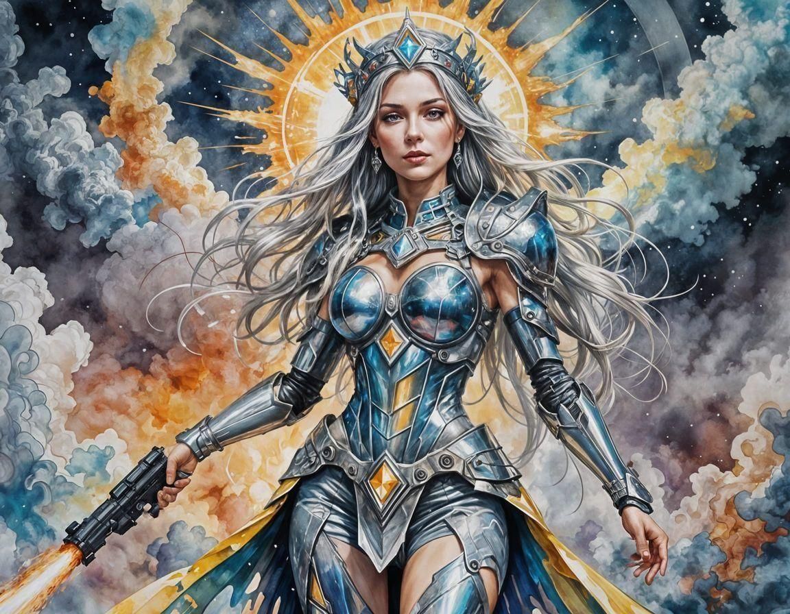 Elf Warrior with Plasma Rifle, Watercolor Art