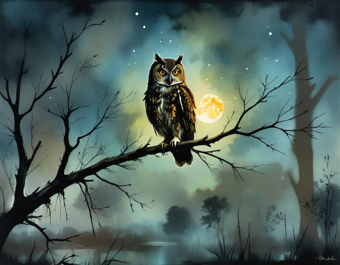 Eerie Night Owl in Glowing Swamp, Watercolor