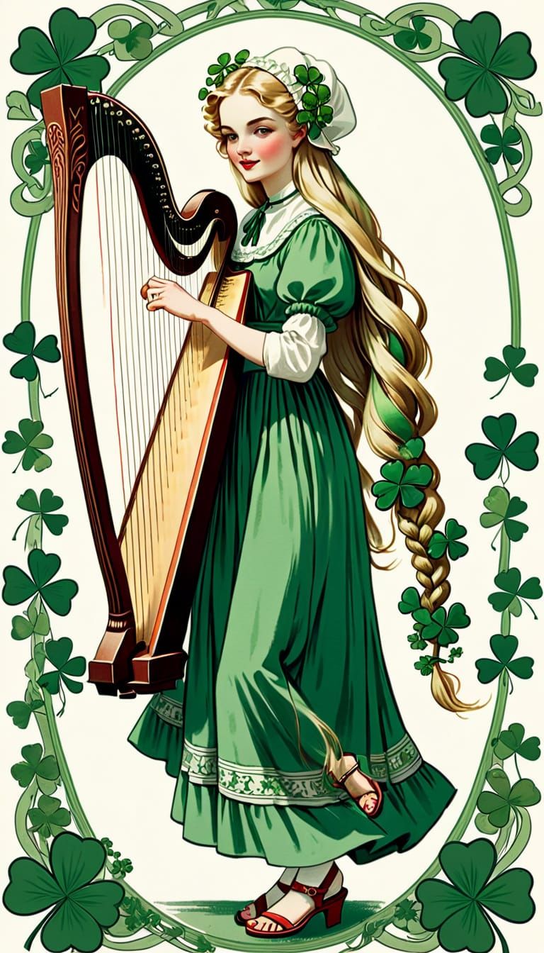 Vintage Irish Woman Plays Harp in Art Nouveau Frame