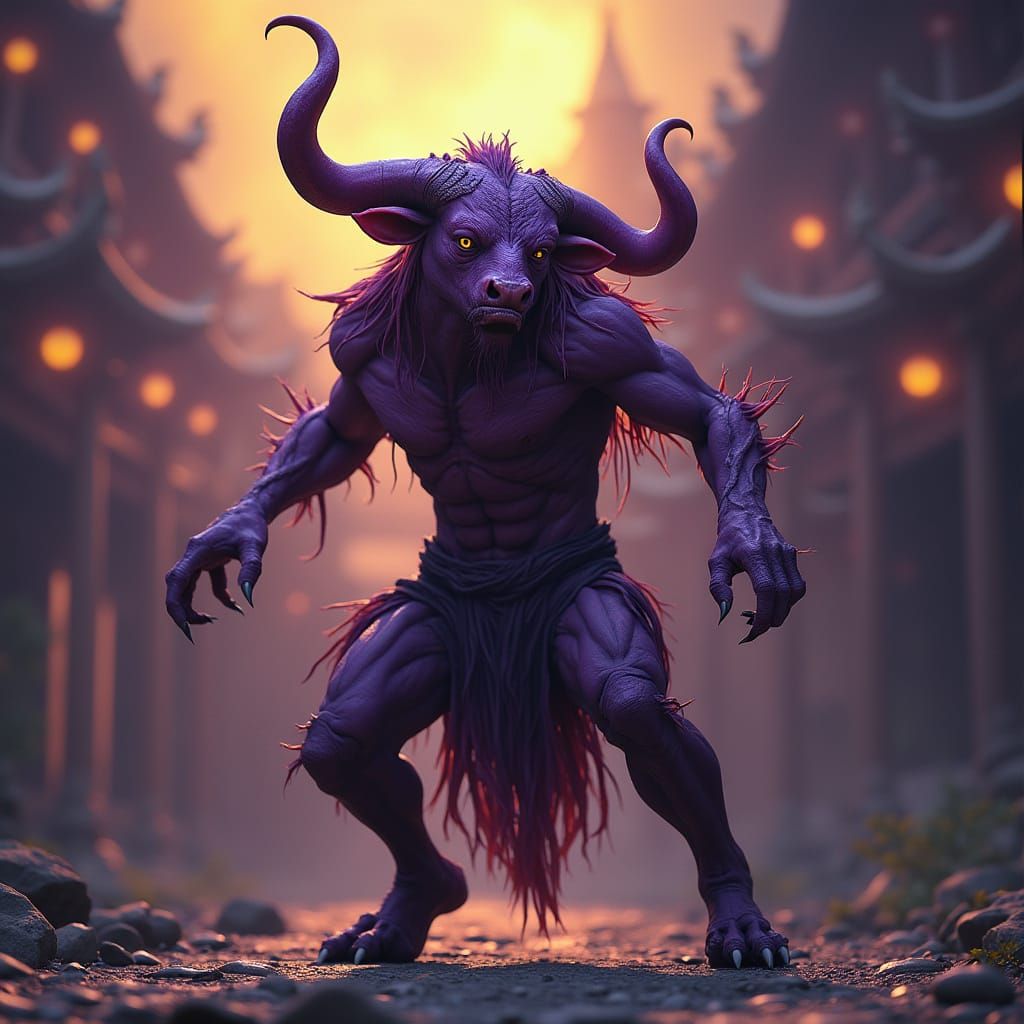 Dark Fantasy Cow Head Demon in a Vibrant Purple and Yellow W...
