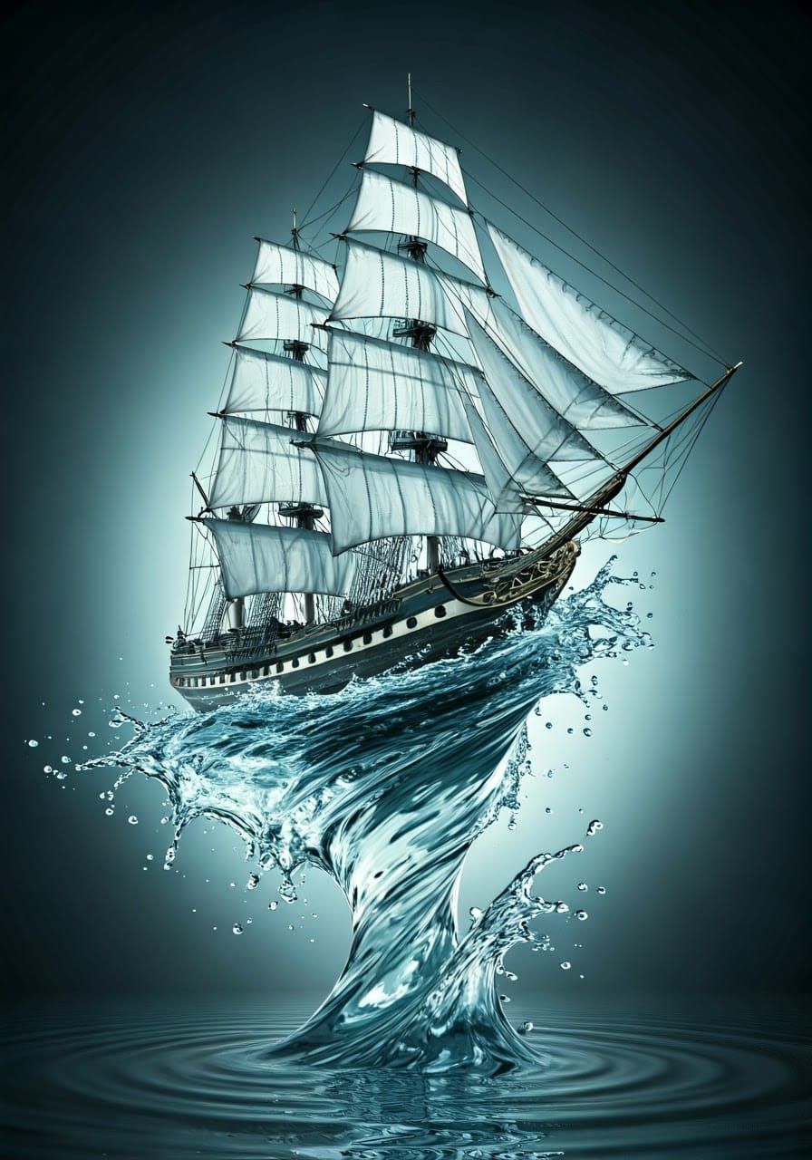 Surreal Royal Ship Floating in Mid-Air Water Vortex