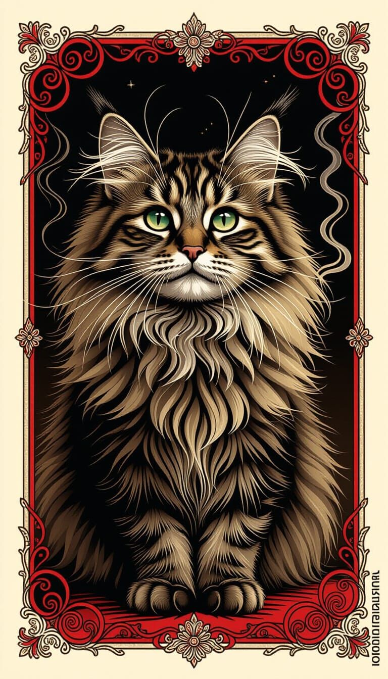 Majestic Shaggy Cat in 1960s Decorative Postcard Style