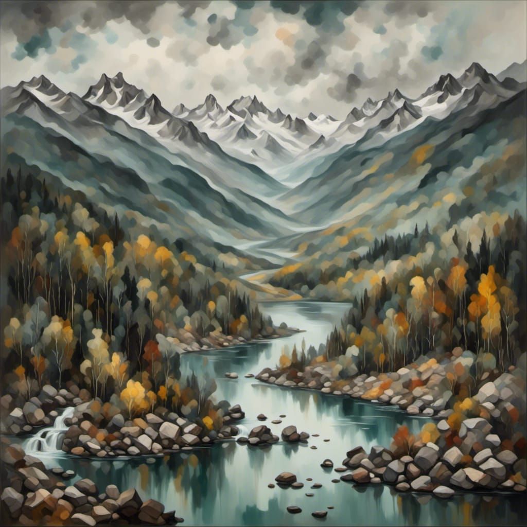 Monochrome Mountain Landscape with Fall Colors