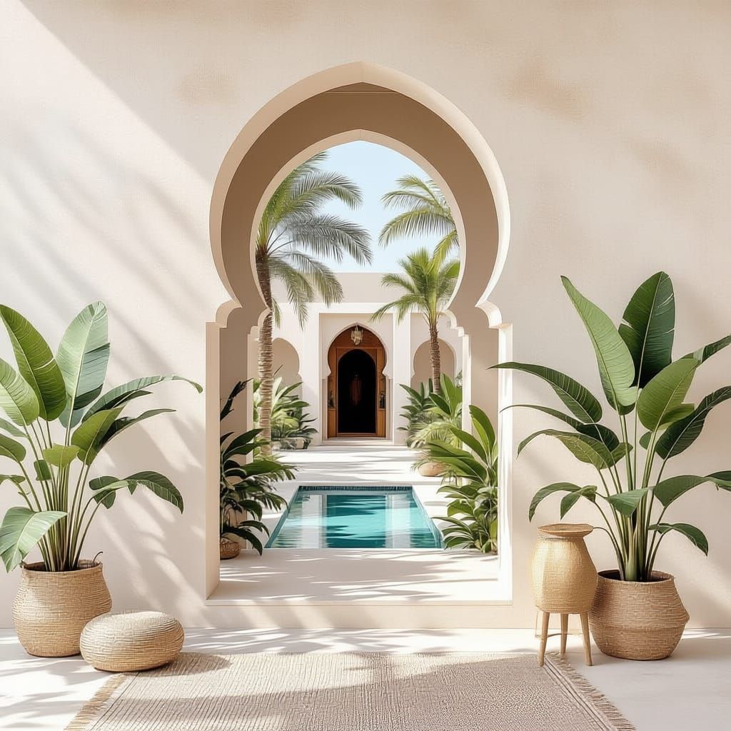 Elegant Moroccan Interior with Arches and Palms