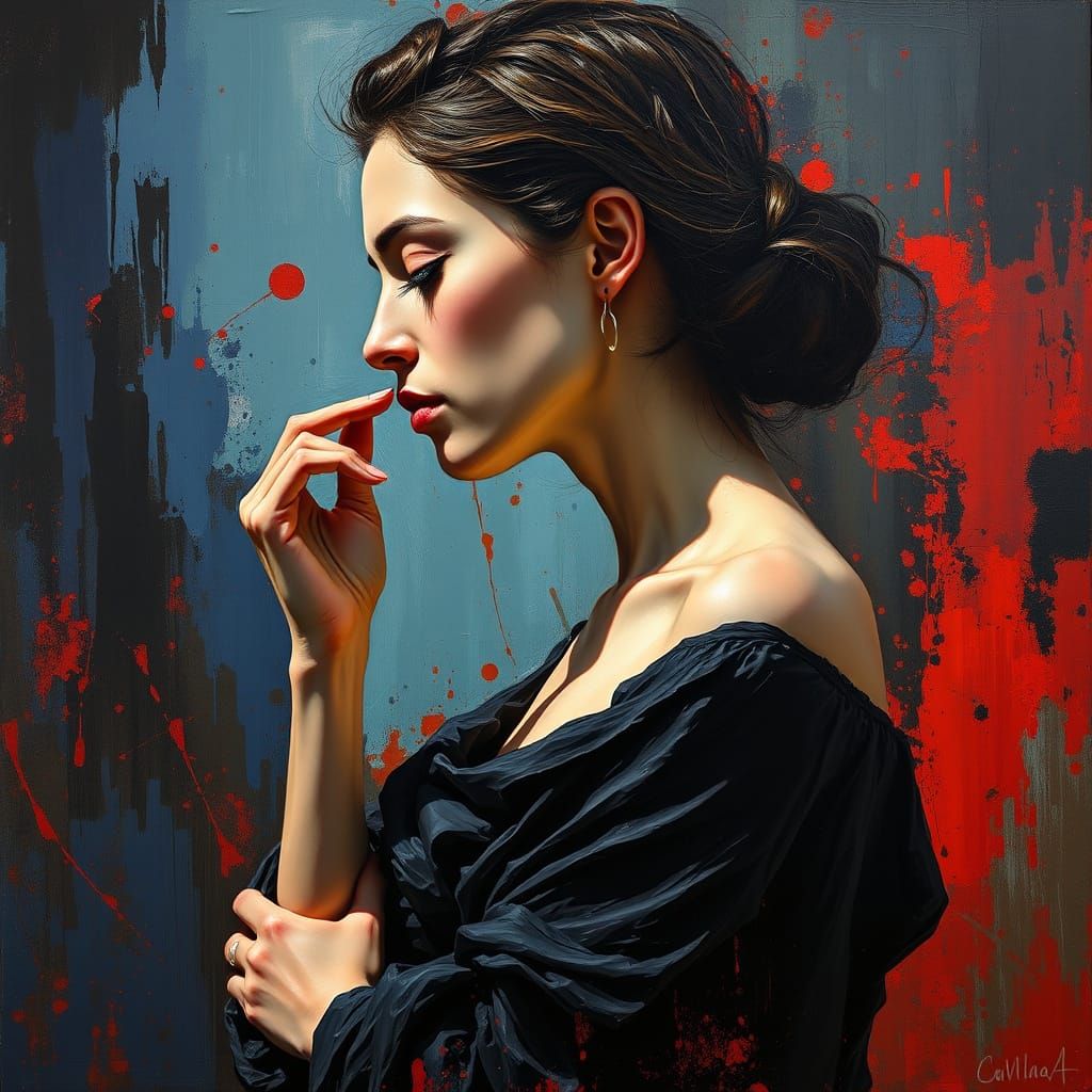 Contemplative Woman in Abstract Acrylic