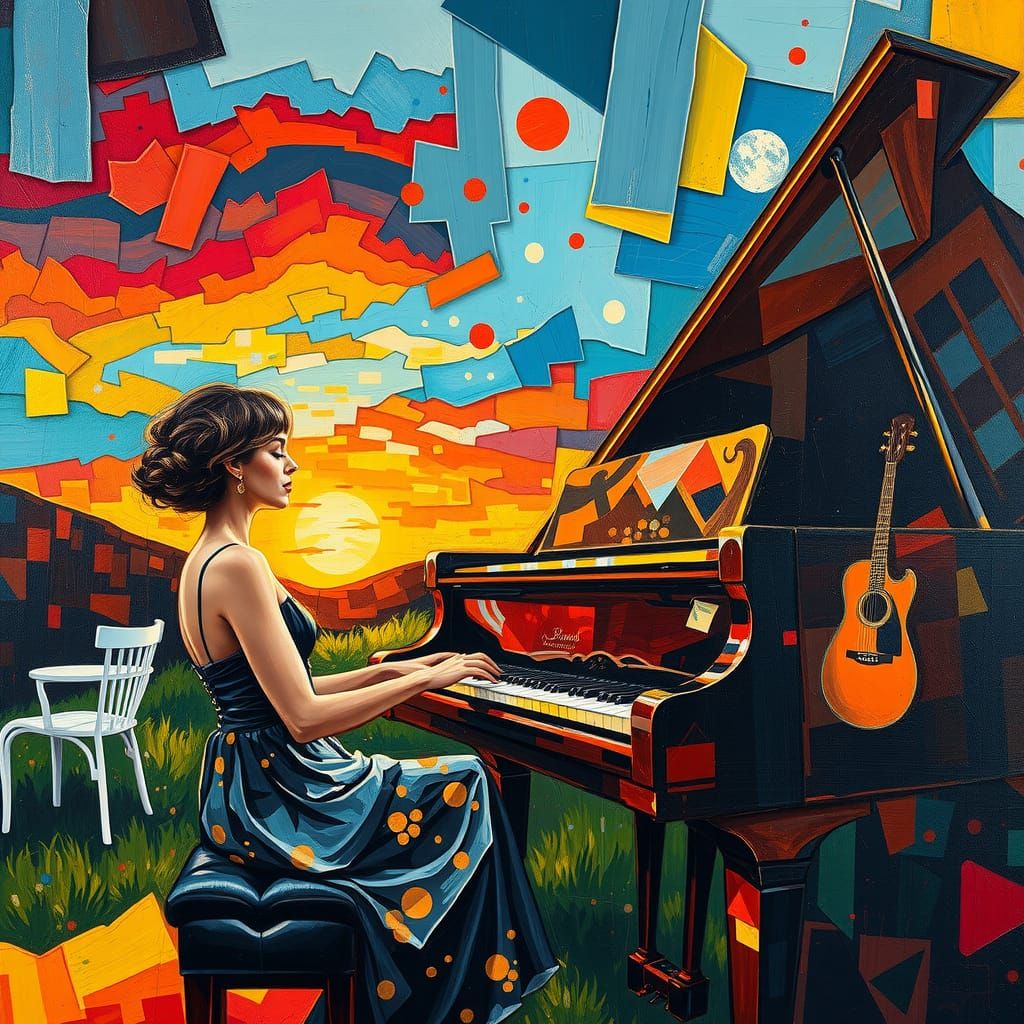 Woman at Piano: Neo-Impressionist Sunset Painting