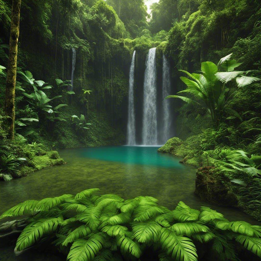 Lush Indonesian Rainforest Pool with Waterfall