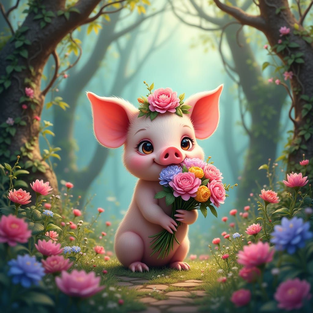 Whimsical Garden Scene with Chubby Piglet and Vibrant Flower...