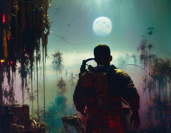 Astronaut Portrait in Space with Moon, Matte Painting