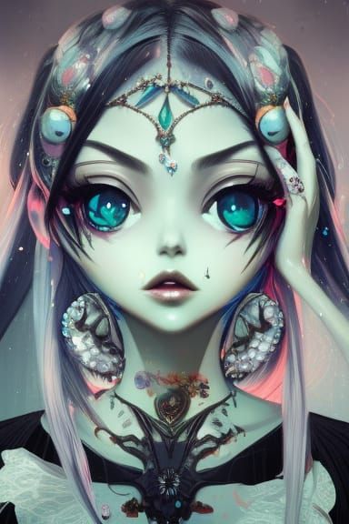 Ethereal Green-Skinned Woman with Black and White Hair