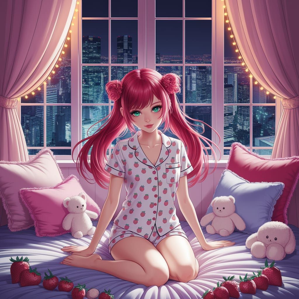 Anime Woman in Strawberry Pajamas, Tokyo View