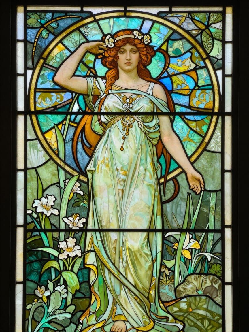 Demeter, Greek Goddess, in Art Nouveau Stained Glass