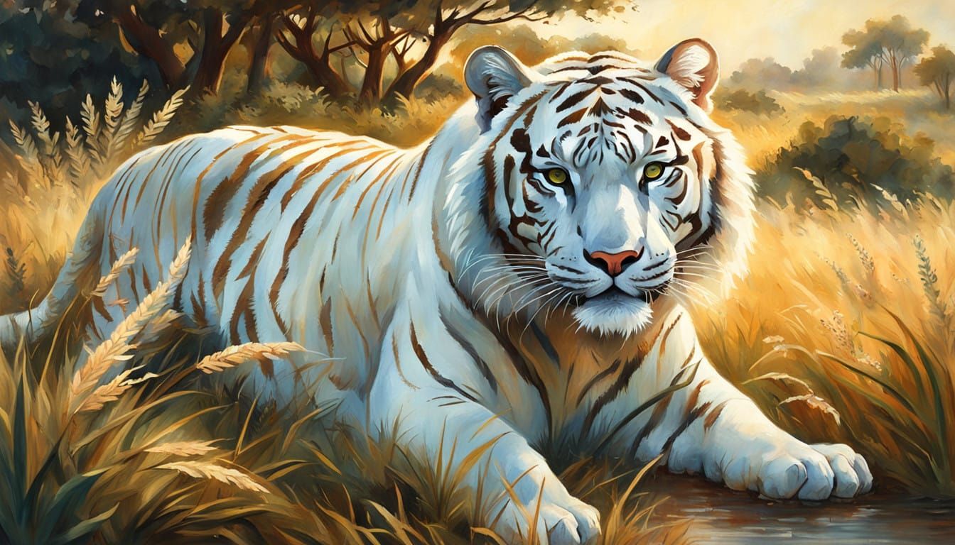 Majestic White Tiger in Impressionist African Savannah