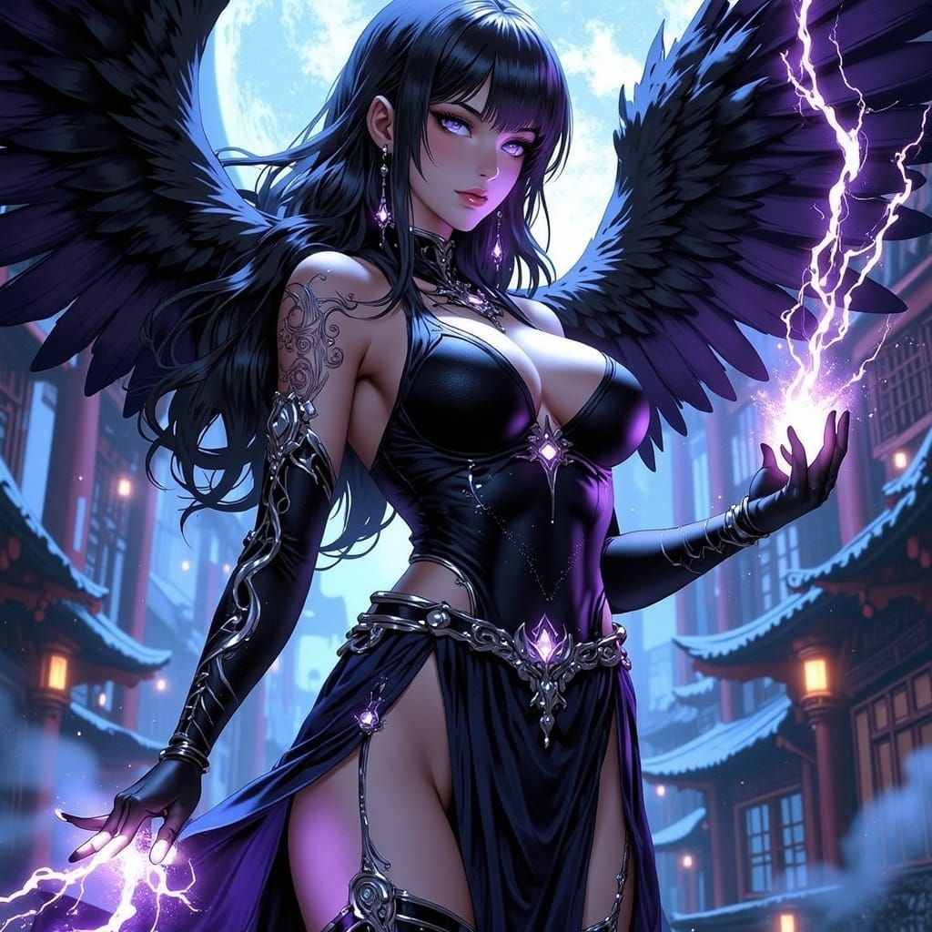 Majestic Fallen Angel Conjures Lightning in Anime Style
