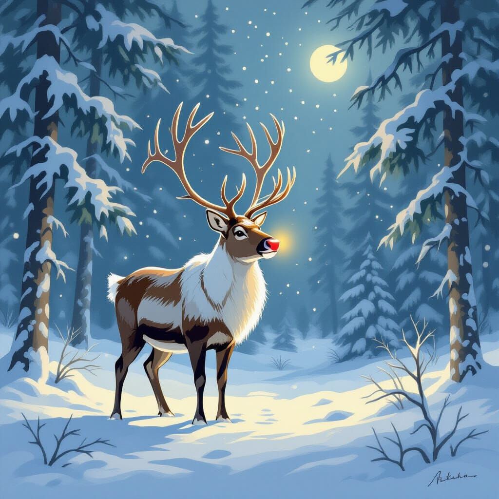 Enchanting Reindeer with Bioluminescent Nose in Snowy Forest