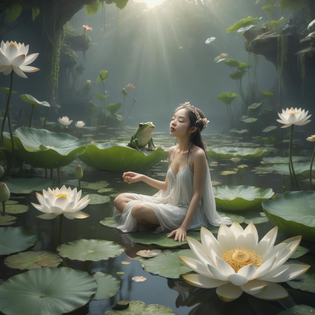 Fairy Awakening in Lotus Flower with Frog