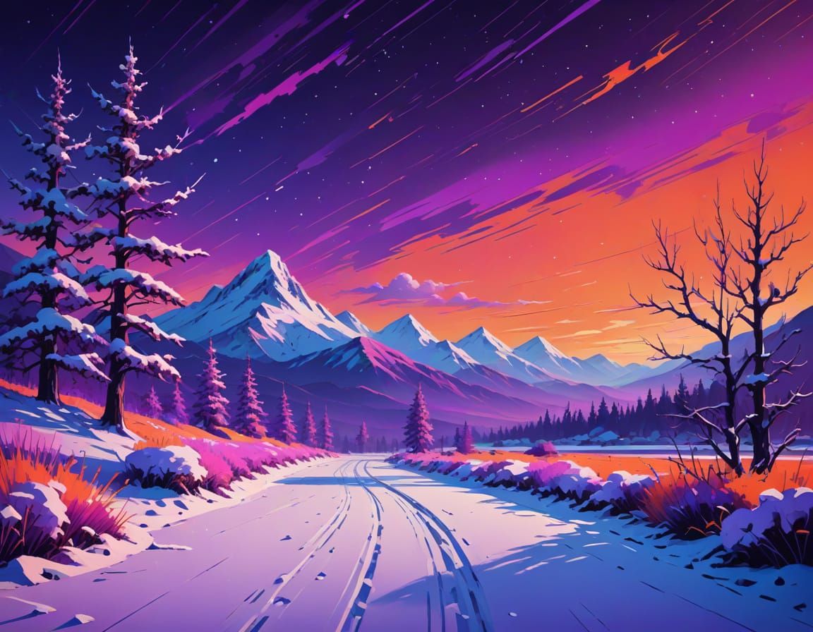 Impressionist Snowy Landscape in Vibrant Purple and Orange H...