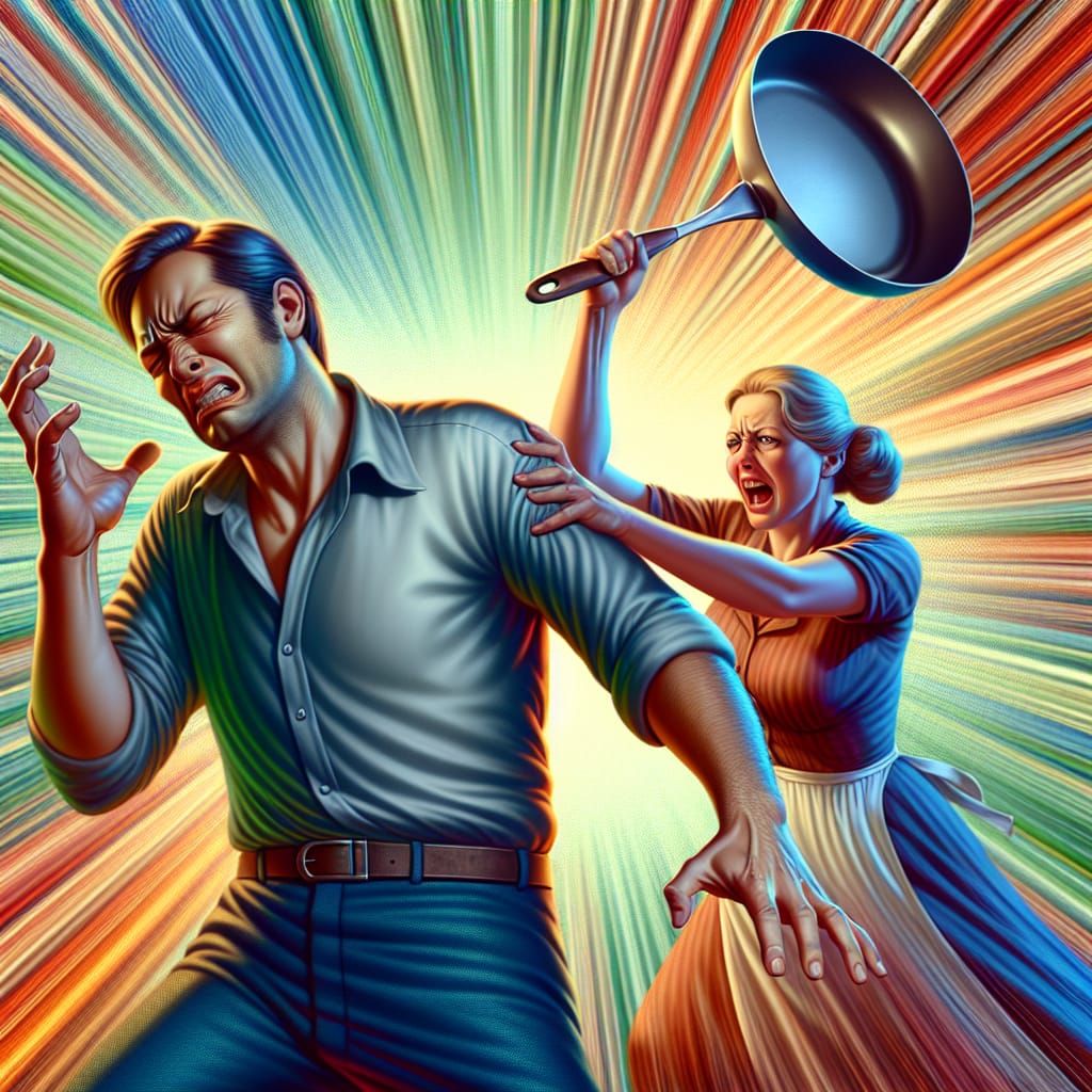 Humorous Frying Pan Incident in Animated 3D Style