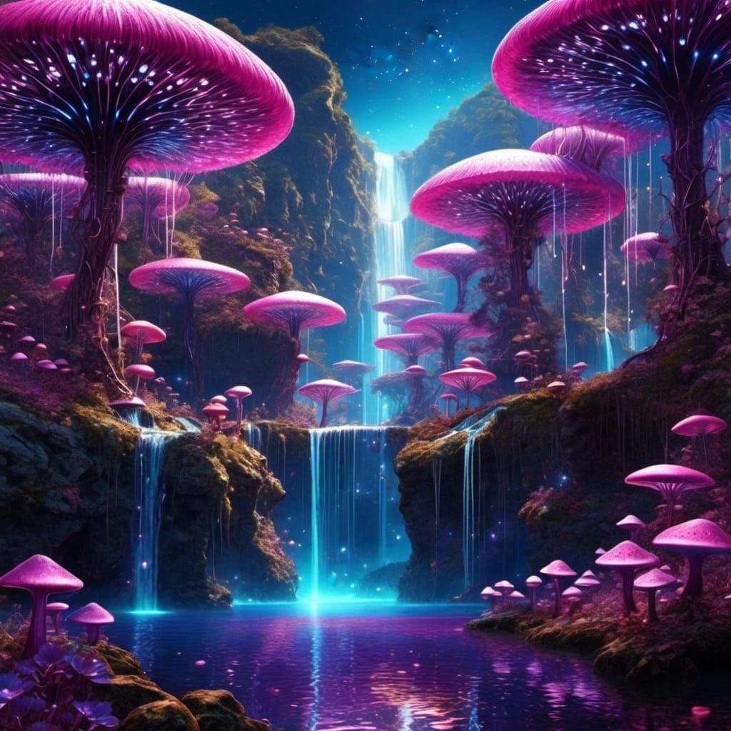 Surreal Metal Waterfalls and Glowing Mushrooms