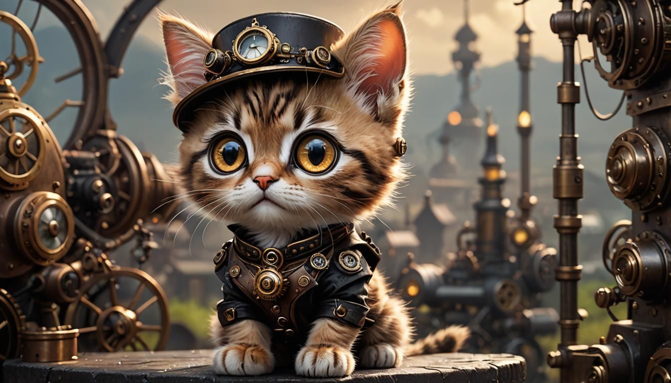 Steampunk Kitten in Clockwork Landscape