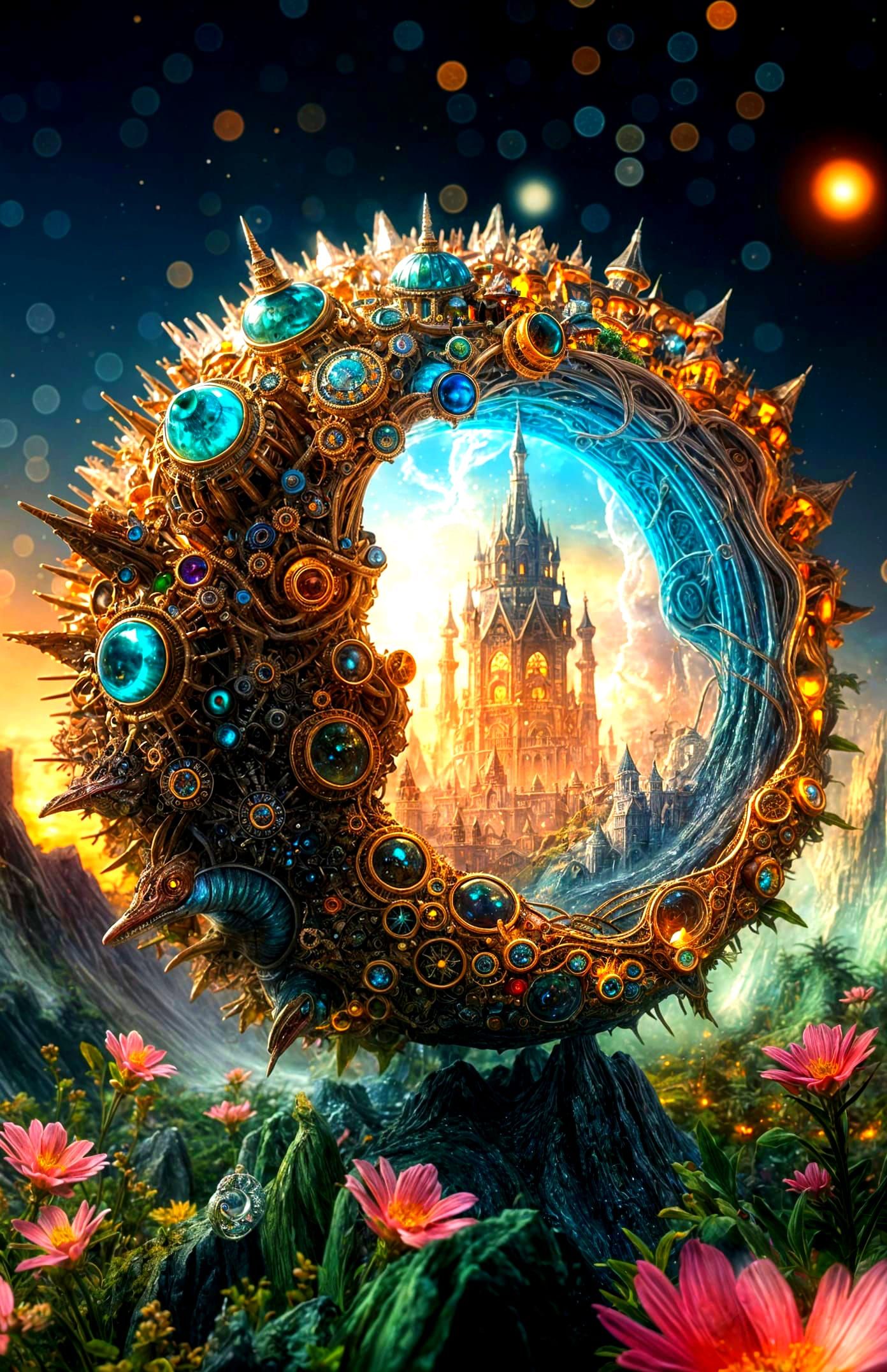 Surreal Fairy Village Inside Resin Ring