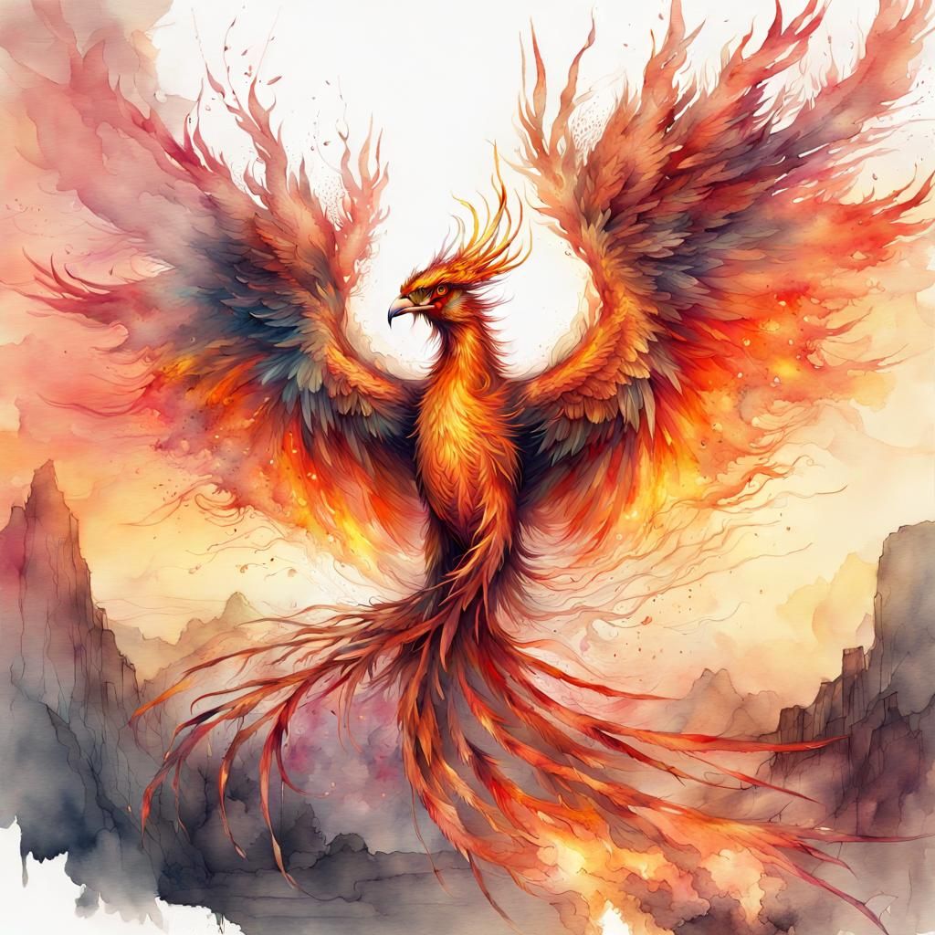 Fiery Phoenix Digital Watercolor Illustration