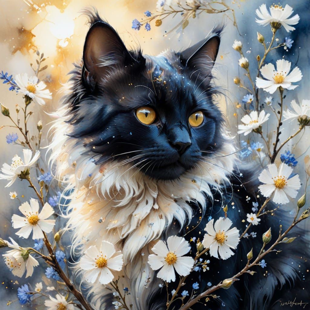 Ethereal Cat Amongst Delicate Flowers in Watercolor Style
