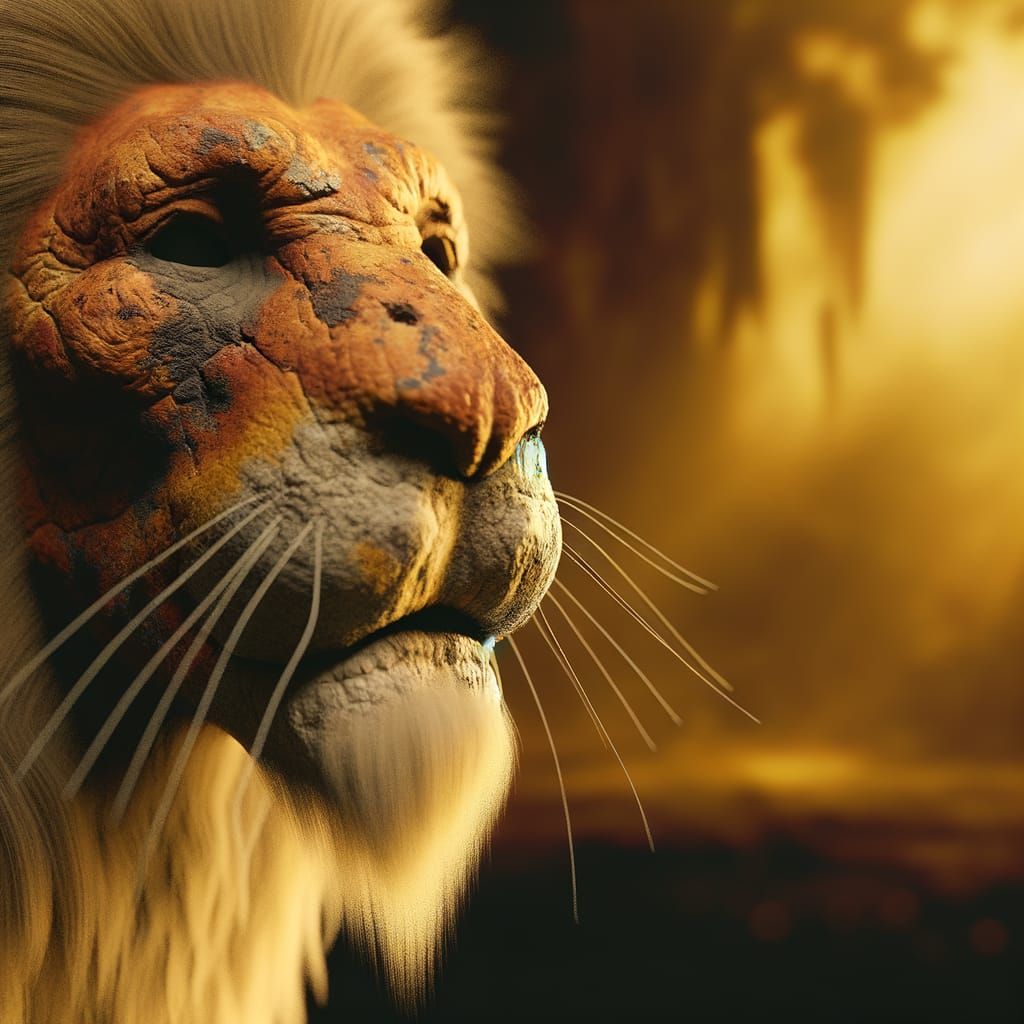 Elderly Lion Face in Golden Sunlight: Fantasy Digital Art