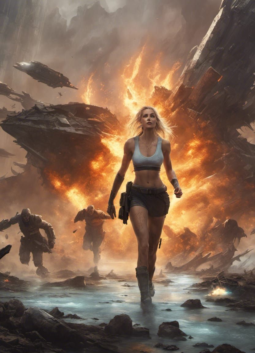 Survivors Flee Starship Wreckage on Alien World