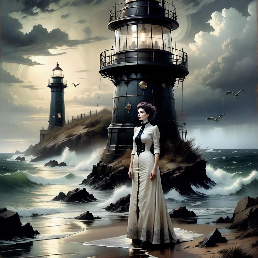 Steampunk Lighthouse on Stormy Shore: Matte Painting