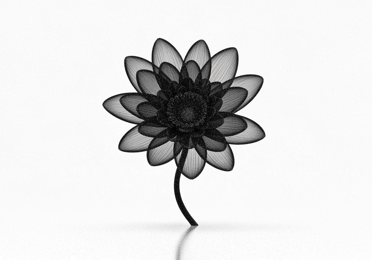 Giant Black Flower Floating on White Lake in Surreal Landsca...