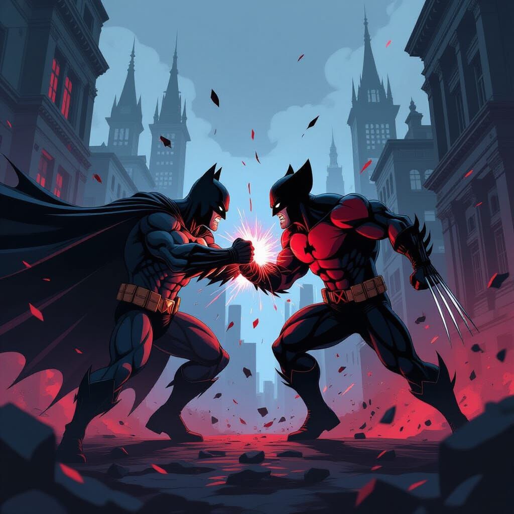 Batman vs Wolverine Anime Battle in Gothic Cityscape