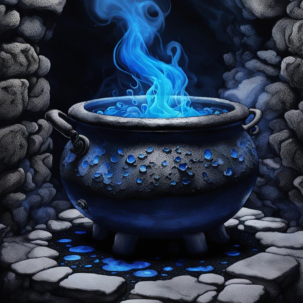 Witch's Cauldron in Dungeon, Gothic Dark Fantasy Art
