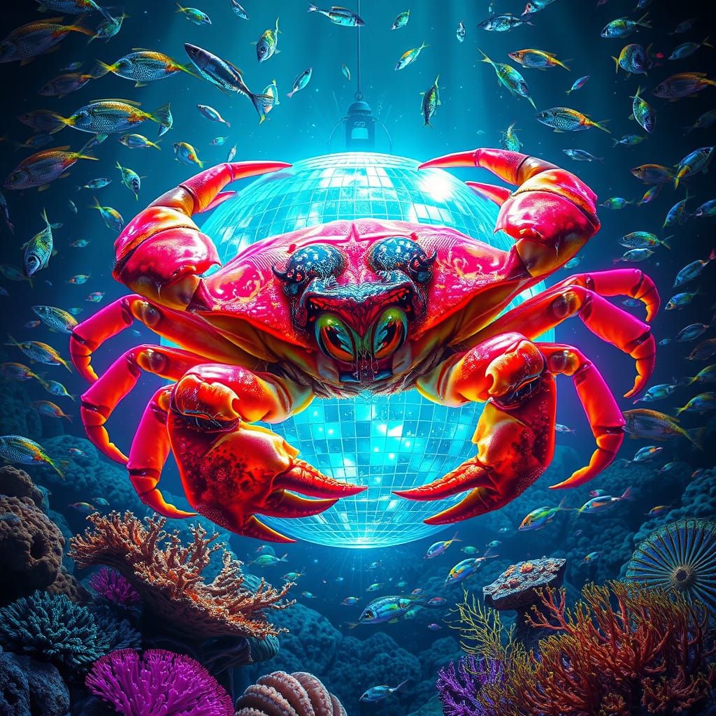Bioluminescent Crab in Underwater Disco Rave