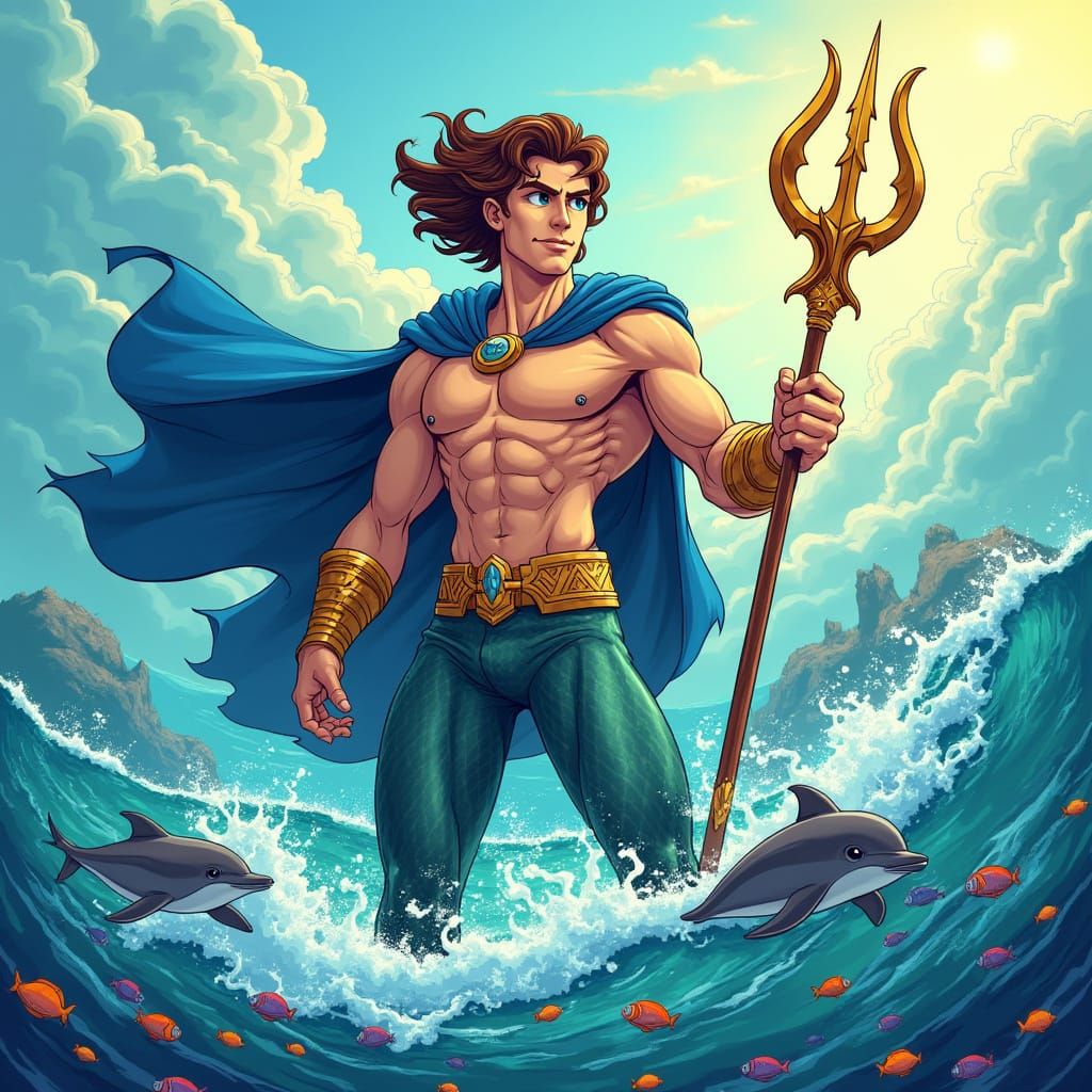 Heroic Teen Poseidon with Trident and Dolphins