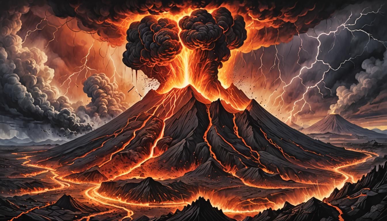 Vivid Surreal Volcano Eruption with Lightning