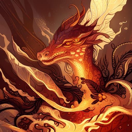Fiery Dragon with Golden Outlines: Digital Art
