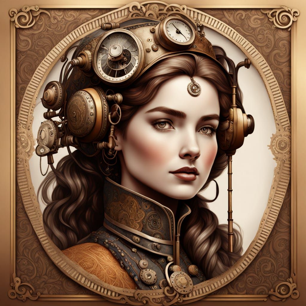 Steampunk Woman's Intricate Schematic Portrait in Vintage St...